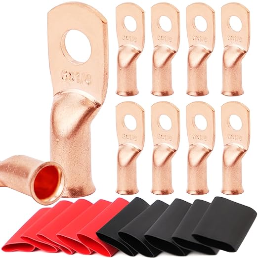 TKDMR 10pcs 6 AWG-1/4 Battery Lugs,Heavy Duty Wire Lugs,Ring Terminals,Battery Cable Ends,0 Guage terminals,Battery Terminal Connectors with 10pcs 3:1 Heat Shrink Tubing