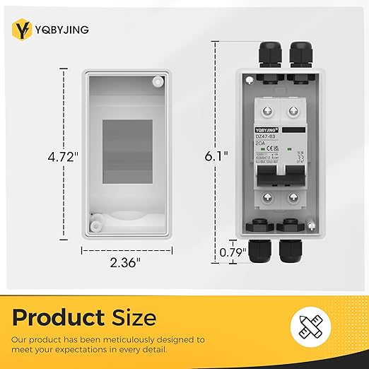 DC Solar Panel Disconnect Switch 20 Amp Miniature Circuit Breaker Box 1000V 2 Poles with IP65 Waterproof UV-Proof Box for Outdoor Solar PV Homes Battery