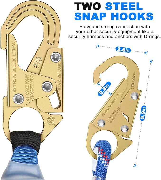 25FT Vertical Lifeline Assembly，Fall Protection Rope with Two Rope Grab Snap Hooks, Shock Absorber，Safety Climbing Equipment Roofing Safety Kit, CE ANSI