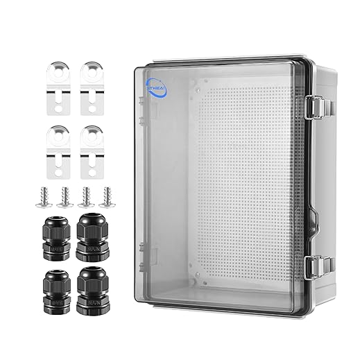 Waterproof Outdoor IP67 Junction Box(16.1"x12.2"x7.1") with Mounting Plate, Hinged Clear Cover and Wall Brackets - Weatherproof ABS Plastic Electrical Enclosure for DIY Projects(410x310x180mm)