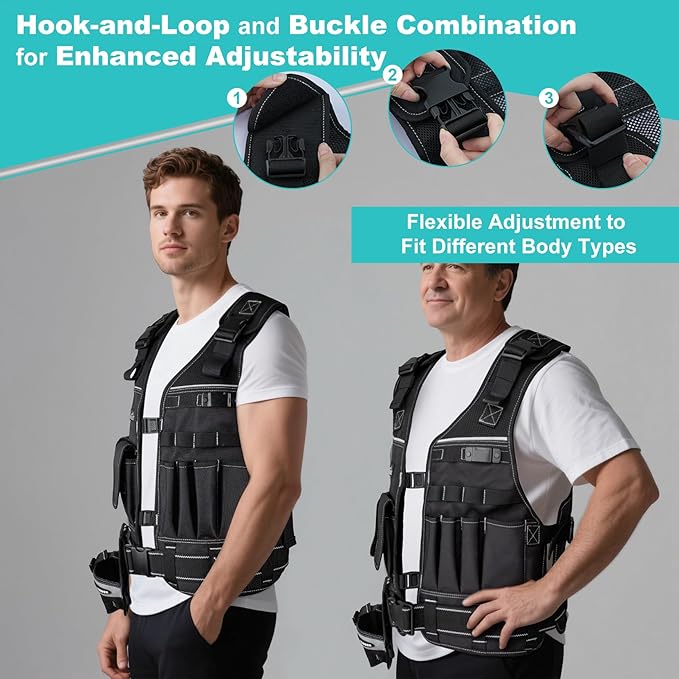 MELOTOUGH Tool Vest for Men with Pouches and Belt, Adjustable Multi-Pocket Safety Tool Vest for Electrician, Carpenter(Black)