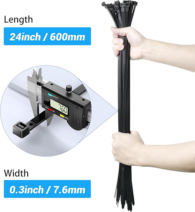Large Zip Ties Heavy Duty Outdoor 24 inch 100 Pack, Black Long Cable Ties with 120 lbs Tensile Strength, Industrial Strong Zip Cable Ties Nylon Zipties for Outdoor Indoor Use