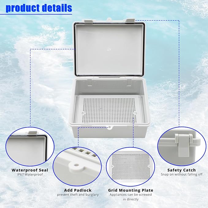 MAKERELE Small Junction Box Outdoor Electrical Watertight Plastic Includes Internal Mounting Panel 8.6" 6.7" 4.3" (220170110mm) Electronic Waterproof Case with 2 NPT 1/2” Glands and Wall Bracket