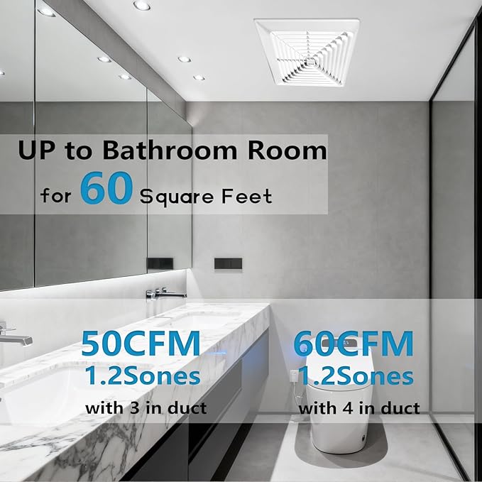 Bathroom Exhaust Fan 50 CFM,1.2 Sone, 3&4-Inch Duct Included, No Attic Access Needed, Energy Star, Easy to Install,Ceiling or Wall Mounted, Classic White Grille