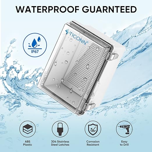 TICONN Outdoor Electrical Box Waterproof, Junction Box IP67 ABS Plastic Enclosure with Hinged Cover with Mounting Plate, Wall Brackets, Cable Glands (Clear, 8.7"x6.7"x4.3")