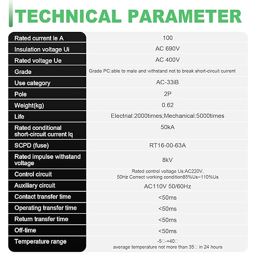 63Amp 110V Automatic/Manual Transfer Switch, Mini ATS 2Pole W2R Solar Auto Dual Power Changeover Switch for Home, Din Rail Mounted 50/60Hz CE Certified for Rv, Lv, Cn Public/Backup Power
