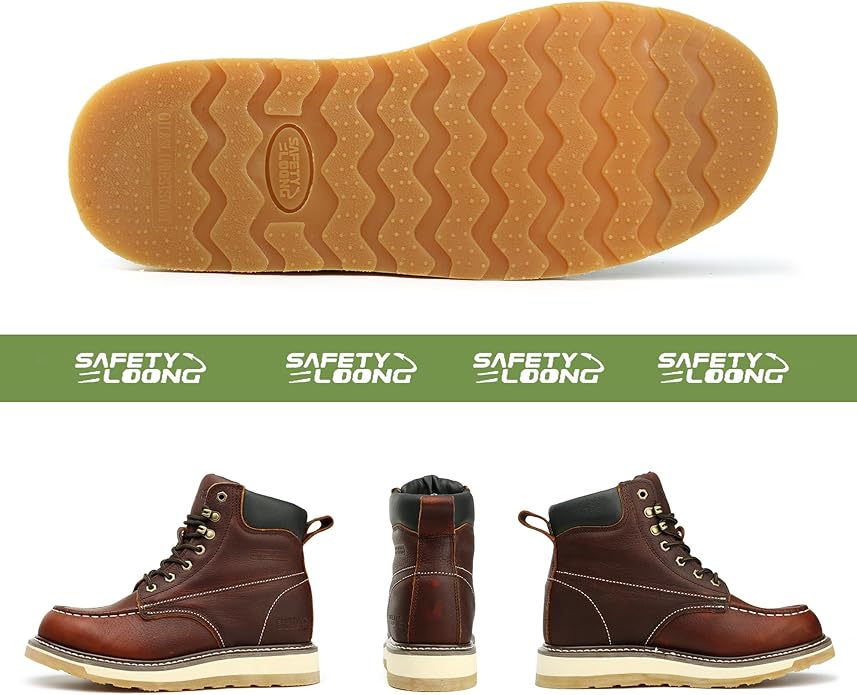 Moc Toe Work Boots for Men Waterproof Soft/Steel Toe Comfortable Full Grain Leather Non Slip Wedge Outsole Construction 6" Workboots