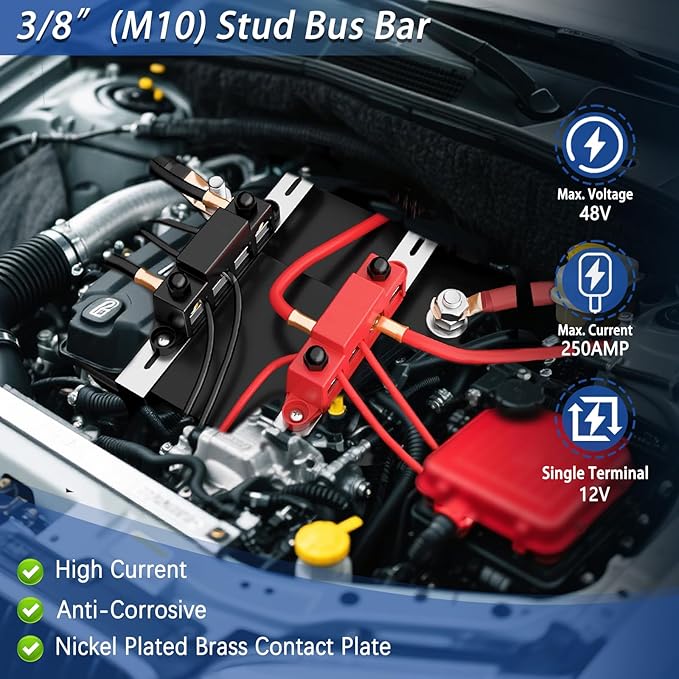 250A 12V BusBar 3/8" Power Distribution Block 4 Studs Junction Block Automotive Marine Battery Busbar Terminal Block with Cover 12 Volt Negative&Positive