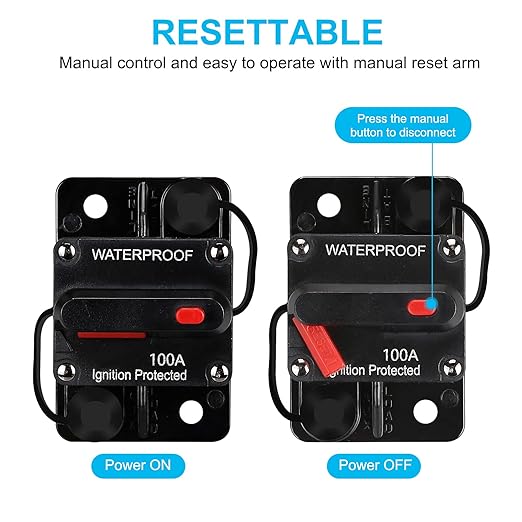 Generic 100 Amp Waterproof Circuit Breaker,with Manual Reset,12V-48V DC,30A-300A,for Car Marine Trolling Motors Boat ATV Manual Power Protect Audio System Current Overload Protection