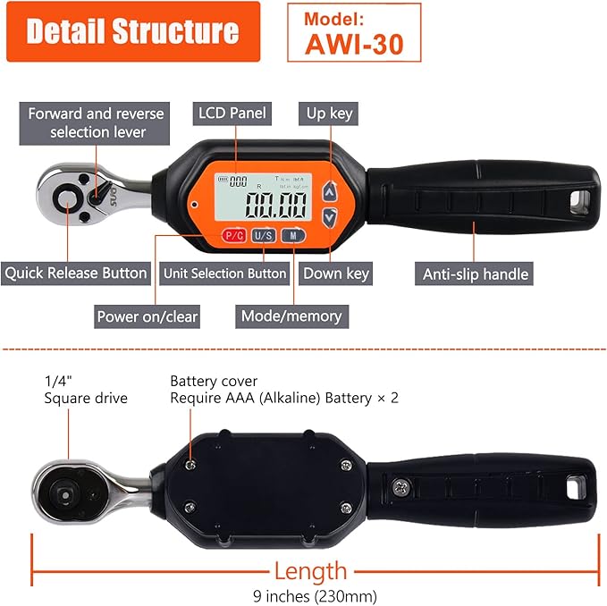 Mini Digital Torque Wrench - 1/4-inch Drive with Buzzer & LED, 0.9-30 Nm, High-Precision Electronic Tool for Bike & Car Repairs, Calibrated for Reliability