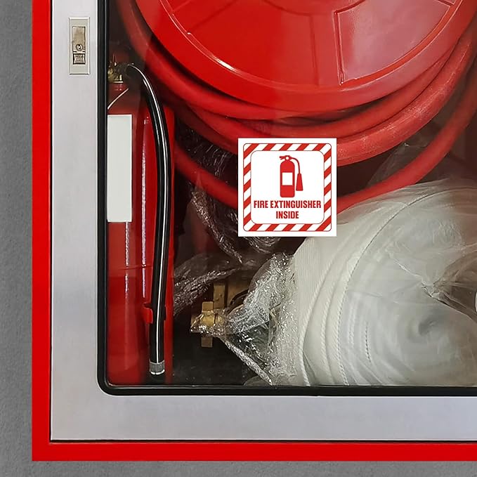 10 Pcs Fire Extinguisher Inside Sign Sticker, Vinyl Safety Signs Decals for Trucks, Cabinets or Equipment, 2.75" x 2.75" Self Adhesive, Weatherproof & UV Protected