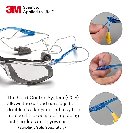 3M Safety Glasses, Virtua CCS, ANSI Z87, Anti-Fog, Indoor/Outdoor Mirrored Lens, Blue Frame, Corded Ear Plug Control System, Removable Foam Gasket, Pack of 1