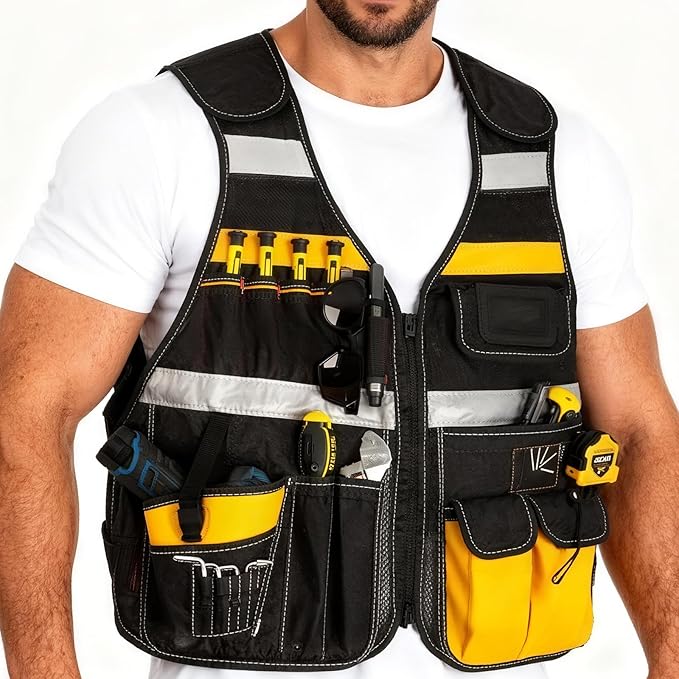 Electrician Tool Vest, Electrician Vest for Men, 21 Compartments, Reflective Workwear with Drill Holster, Adjustable Waist & Upgraded Comfortable Neck Opening