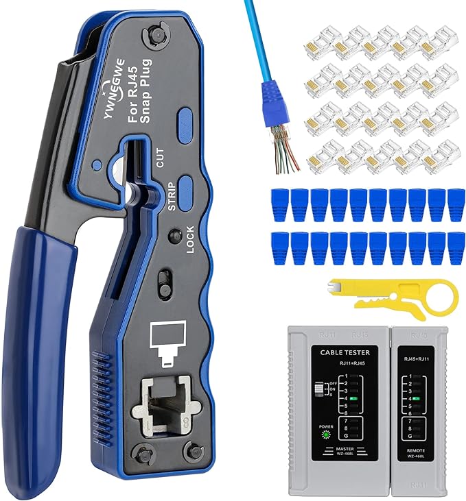 RJ45 Crimp Tool Kit Pass Thru Ethernet Crimper for Cat5e Cat6 Cat6a 8P8C Modular Connectors, All-in-One Cat6 Crimping Tool and Tester(9V Battery Not Included)