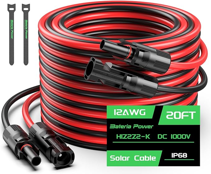 20FT 12AWG Solar Panel Extension Cable, Bateria Power 4mm² Solar Extension Cable Wire with Female & Male Waterproof Connectors for RV, Photovoltaic Systems, Set of 2