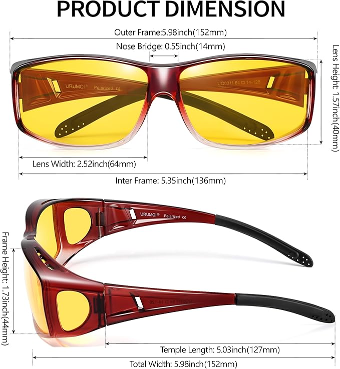 URUMQI Night Vision Driving Glasses Fit Over Eyeglasses for Men Women, Anti Glare Polarized Nighttime Glasses Yellow Lens