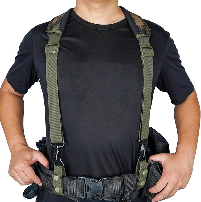 KUNN Tactical Harness Police Suspenders for Duty Belt with Metal Hook Adjustable Padded Shoulder Pads,Army Green