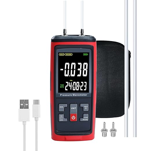 Manometer Data Logger, Dual-Port Digital Manometer Gas Pressure Tester Support PC Data Records, 13 Selectable Units Differential Pressure Gauge Manometer HVAC with Large LCD Screen