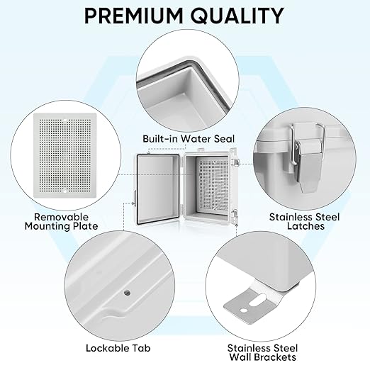 TICONN Outdoor Electrical Box Waterproof, Junction Box IP67 ABS Plastic Enclosure with Hinged Cover with Mounting Plate, Wall Brackets, Cable Glands (Off-White, 8.7"x6.7"x4.3")