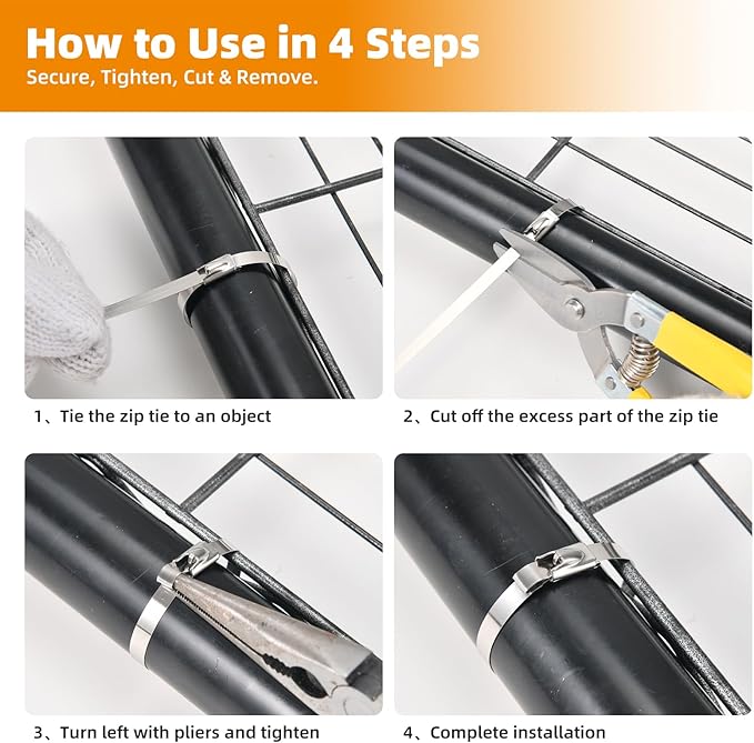 Stainless Steel Zip Ties Heavy Duty (120 PCS) with Metal Cutter, 11.8 Inch Self-Locking Cable Ties for Chain Link Fence, Outdoor, Electrical & Home Use