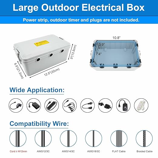 NineLeaf Large Outdoor Electrical Box Waterproof (12.5 x 8.5 x 5 inch), IP54 Weatherproof Extension Cord Cover with 7 Cable Seal Entry, Protect Power Strip, Timer Outlet Plug, Holiday Light,Grey