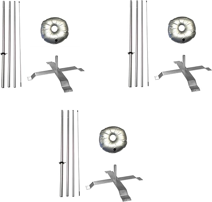 Feather Flag Telescoping fibre glass Hardware 14ft fibreglass Carbon fibre Flexible Pole tip Kits with Cross-Base and Weight-Donut Hardware Only. (Pack 3)