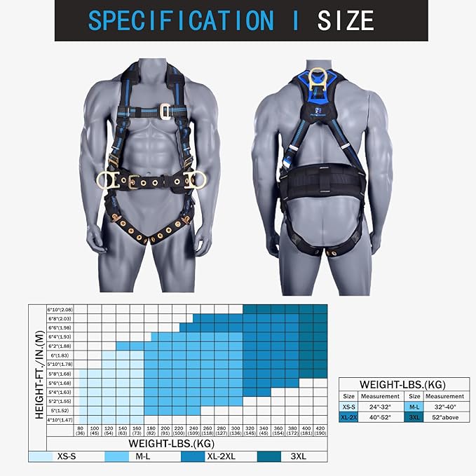 Safety Harness Fall Protection Kit,5pt Full-Body Roofing harness with Support Waist Pad,Vented & Padded Shoulder For Construction(XL/2XL)