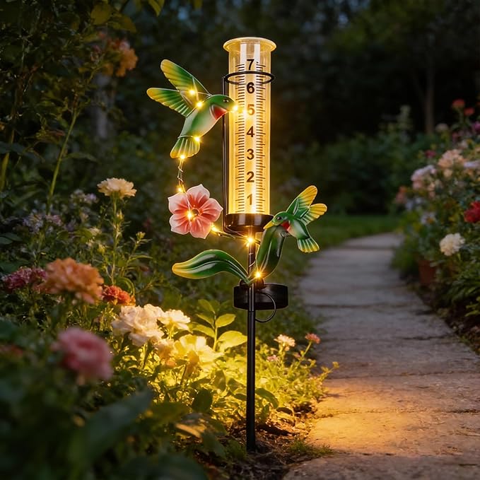 Hummingbird Rain Gauge Outdoor, Solar Stake Rain Gauges for Yard with LED Lights & Plastic Measuring Cup Large Rain Gauge Outdoor Decorative Water Gauge for Rain for Garden, Lawn, Pathway Decor