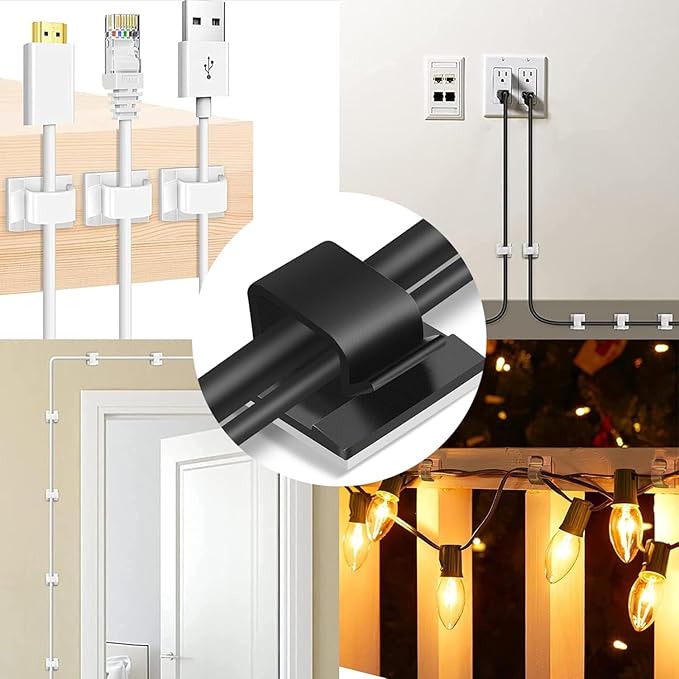 Adhesive Cable Management Wire Clips 100 Pcs,Wires Clips Holders for Cords on wall,Outdoor Cable Clips,Suitable for Under Tables,Cars,Walls