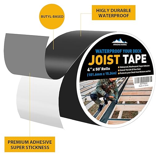 Amazing Works Joist Tape for Decking - Heavy Duty Joist Tape, 2 x 50' Waterproof & Weatherproof Deck Flashing Tape Protects The Top of The Joist, Beam from Moisture and Rot (2" x 50', 4 Pack)