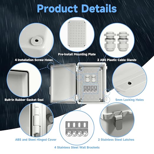 Waterproof Electrical Junction Enclosure Outdoor with Stainless Latch, IP65 ABS Plastic Project Box with 1 Grid Mounting Plates, 2 Cable Glands, 4 Wall Brackets and 8 Screws (Large:13.8"x9.8"x5.9")
