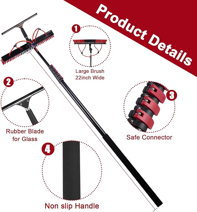 18FT Solar Panel Cleaning Brush & Squeegee Kit, Proffesional Window Washing Tool, 22in Wide Brush & 2 Dusting Brush, Water Fed Pole, Extendable Telescopic Pole for Roof Mounted Solar Panels
