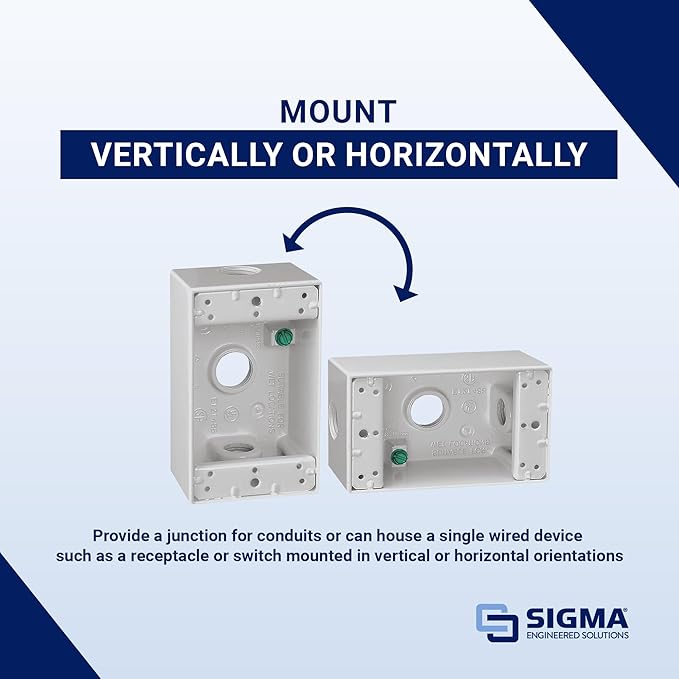 SIGMA ENGINEERED SOLUTIONS 14250WH Metal Electrical Outlet Box, Weatherproof, Easy Mount Plug and Receptacle Protector, White, (3) 1/2-Inch Holes, 1 Gang Box