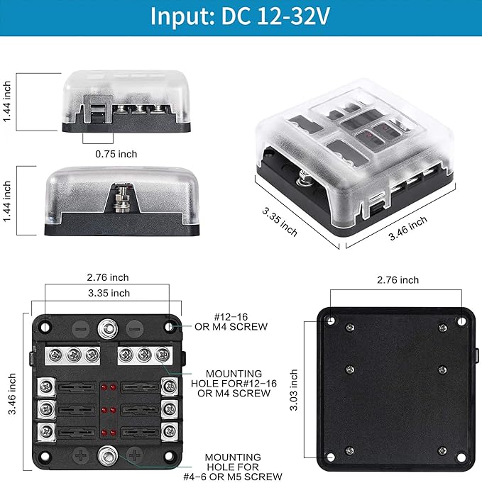 6 Way Fuse Block,12V Blade Fuse 6 Circuit ATC/ATO Waterproof Fuse Box Holder with LED Indicator Waterpoof Cover for 12V/24V Automotive Truck Boat Marine RV Van Vehicle