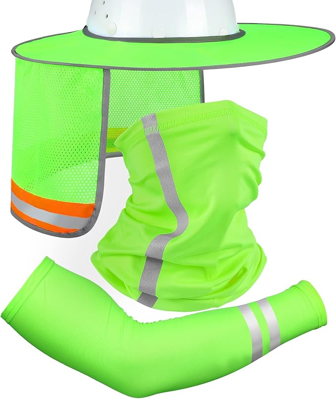 SATINIOR 3 Pcs Sun Hard Hat Neck Protection High Visibility Full Brim Mesh Sun Protection Bandana Headband Arm Sleeves with Reflective Strap for Construction Helmet Hard Hat(Neon Green)