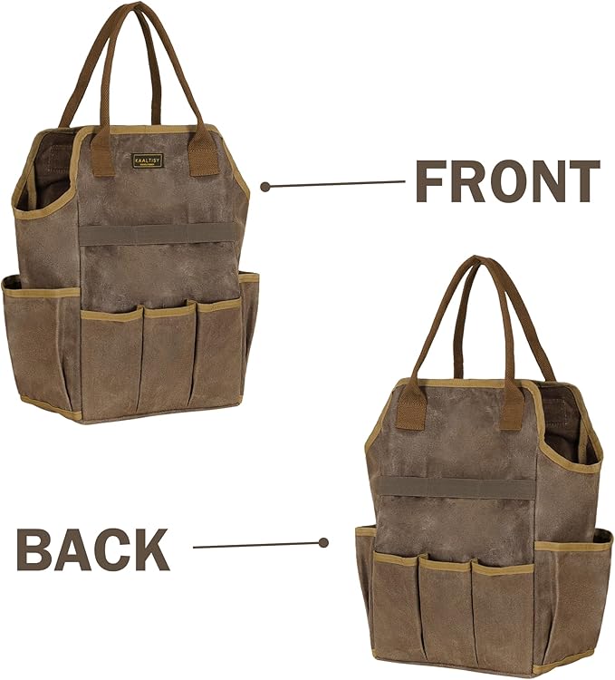 Canvas Garden Tool Bag, 16OZ Waxed Canvas Garden Tools Storage Tote - with 3 Inner Slots + 8 Outer Pockets, Multi-Functional Tool Organizer Bag for Gardener Florist Workshop, Grey, 9.5 x 6 x 15.5 In