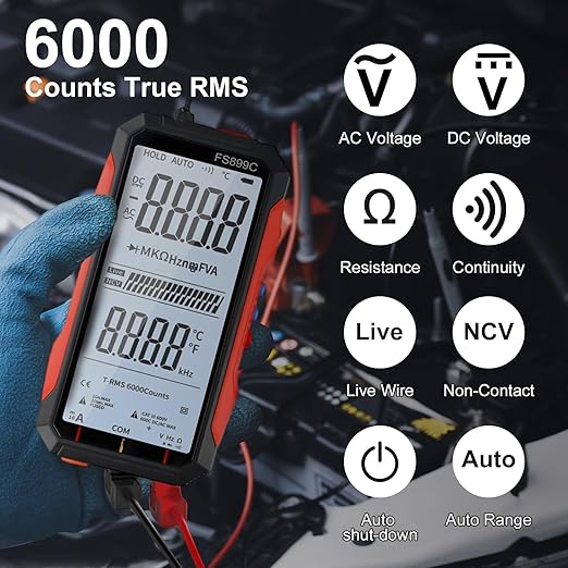 FS899C Digital Multimeter with LCD Screen, USB C Rechargeable Electrical Testing, 6000 Counts True RMS AC/DC Voltage Tester, NCV, Capacitance, Non Voltage Detector for Car, Home