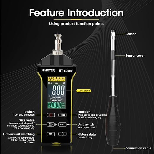BTMETER Hot Wire Anemometer - CFM/CMM Digital Air Flow Meter, Wind Speed Meter Measure 0.2~67Mph, Thermal Anemometer with 360° Revolve Telescopic Probe for HVAC Duct Air Vent BT-5000Y