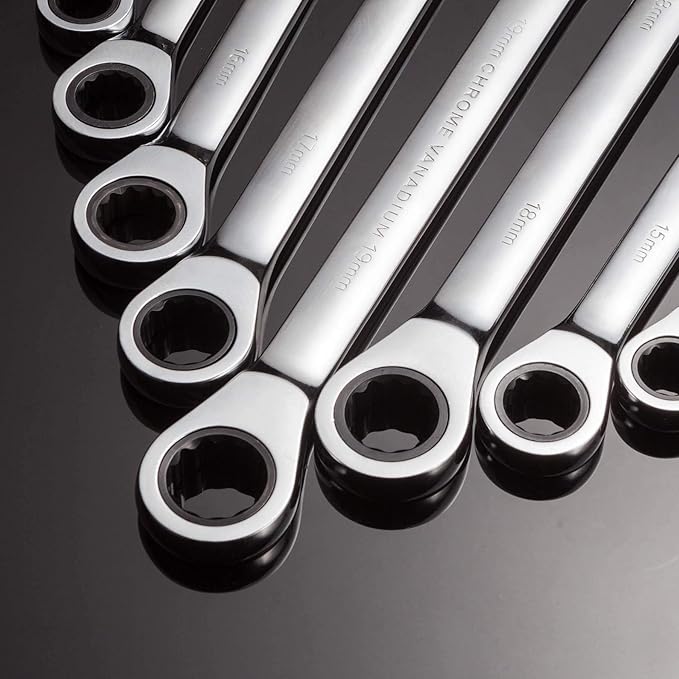 Qnkaa Ratchet Spanner Set Combination Wrench 12 Piece Metric Sizes from 8mm to 19mm with Roll Bag, Perfect for Home, Bike, Car Repairs