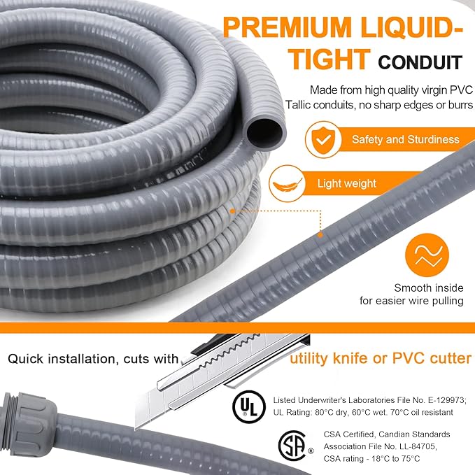 DWALE Liquid-Tight Conduit and Connector Kit,Flexible Non Metallic Liquid Tight Electrical Conduit,1inch50ft Electrical Conduit Kit,with5 Straight and3 Angle Fittings Included,1 in. Dia (50FT)