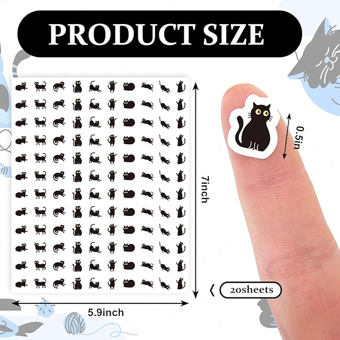 JarThenaAMCS 2400Pcs Mini Black Cat Sticker Cute Kitten Paper Decal Self-Adhesive Sticker for Planner Reward Envelope Scrapbook DIY Supplies, 0.5 in