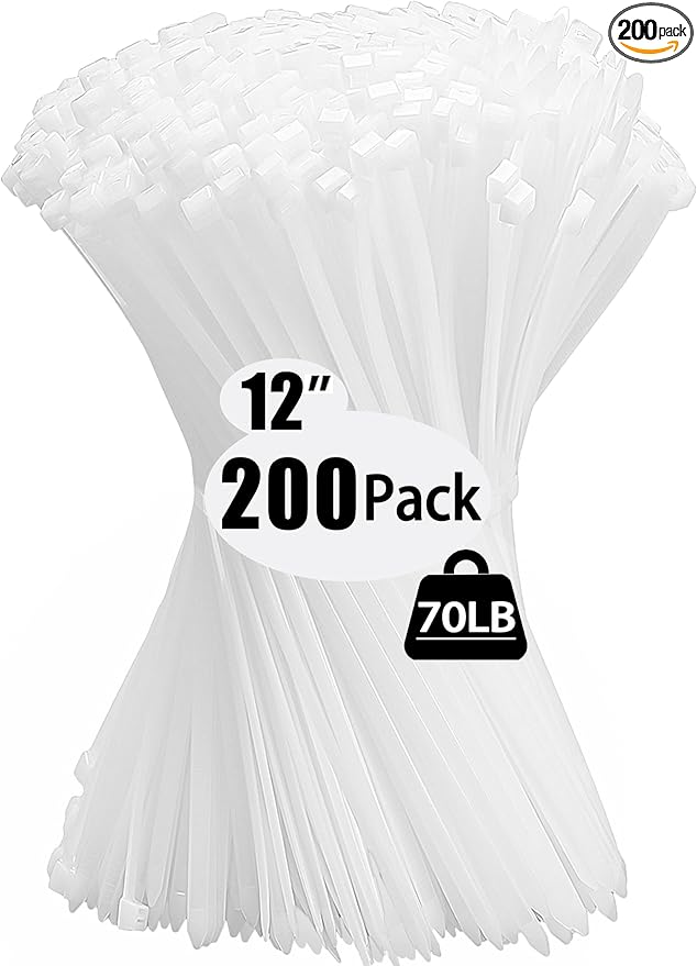 200 Pack Zip Wire Ties 12 Inch Cable Zip Ties Clear Tie Wraps with 70 Pounds Tensile Strength, Self-Locking Cable Ties, UV Resistant Thick Nylon Wire Ties for Indoor and Outdoor White