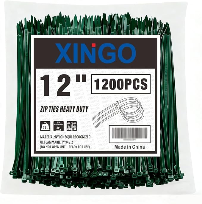 XINGO 12 Inch Garden Green Zip Ties 1200 PCS, 75 LBS Ultra Strong Tensile Strength, UV Resistant Cable Ties, Self-locking Plastic Ties for Indoor and Outdoor Use