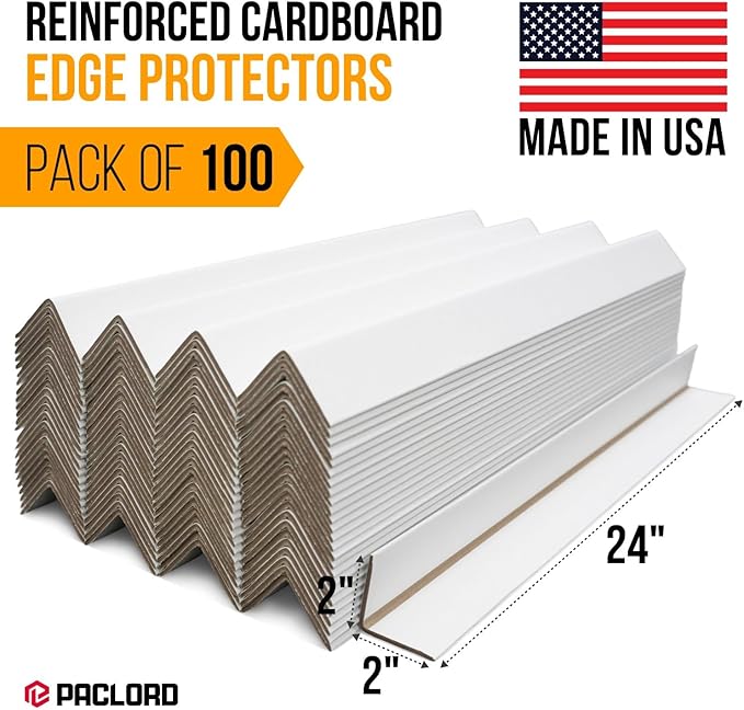 24" x 2" x 2" Reinforced Cardboard Edge Protectors, White (Pack of 100) – 0.16" Thick Heavy-Duty Cardboard Corner Protectors for Shipping – American Quality V-Board Pallet Edge Guard