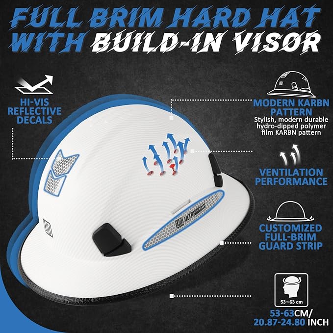 Full Brim Hard Hat with Built-in Visor, ANSI Z89.1 OSHA Approved Construction Safety Helmet with Chin Strap for Men Women