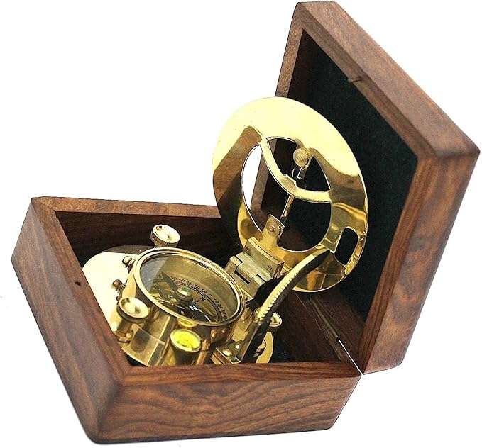 THOR INSTRUMENTS Solid Brass Sundial and Compass in Hardwood Box - Polished Brass Sundial Compass Rustic Vintage Home Decor Gifts