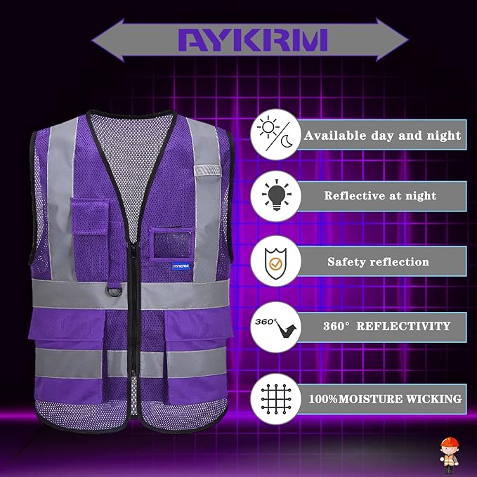 A-SAFETY High Visibility Mesh Safety Reflective Vest with Pockets and Zipper,Hi Viz Work Vest for Men Women (Purple Mesh L)