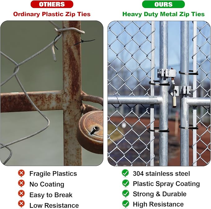 Black Metal Zip Ties Heavy Duty 11.8 inch for Outdoor Use, Stainless Steel Epoxy Coated Cable Chain Link Fence Zip Ties, Durable Metal Wire Ties Strap UV Resistant