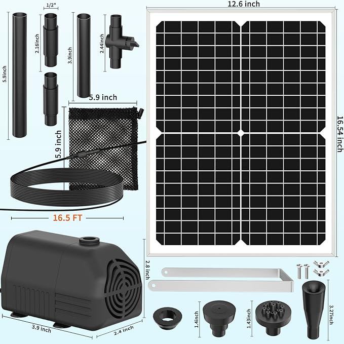 Solar Pond Pump, 25W Solar Fountain Pump with 450GPH Flow & 4 Spray Styles, 16.5Ft Extendable Power Cord, Debris Barrier Bag for Outdoor Fountain, Ponds, Fish Tank, Waterfall, Garden Water Features