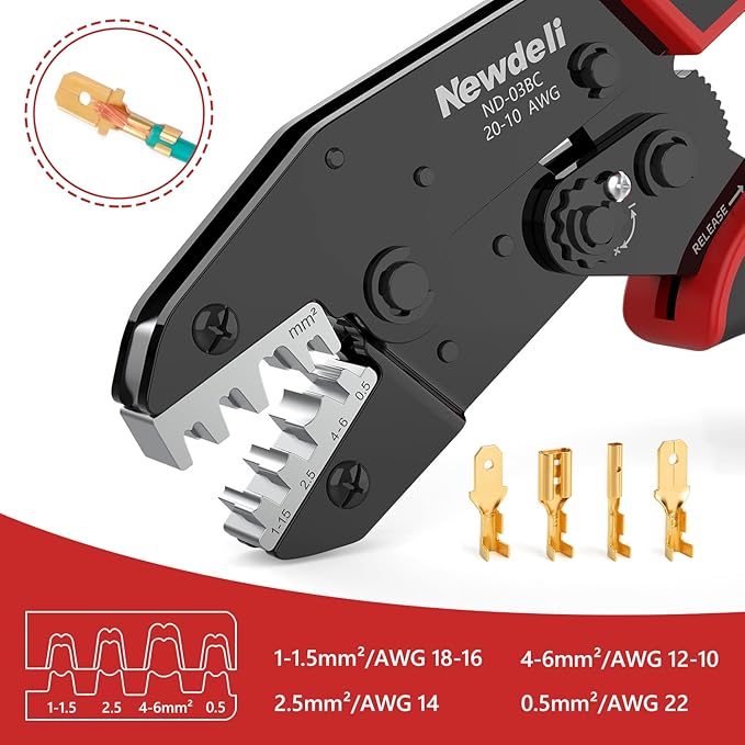 Newdeli Wire Crimping Tool for Non Insulated Open Barrel Terminals Receptacles - AWG 20-10 Ratchet Wire Crimper Open barrel Crimping Tool Electrical Connectors Ratcheting Crimping Plier Crimp Tool